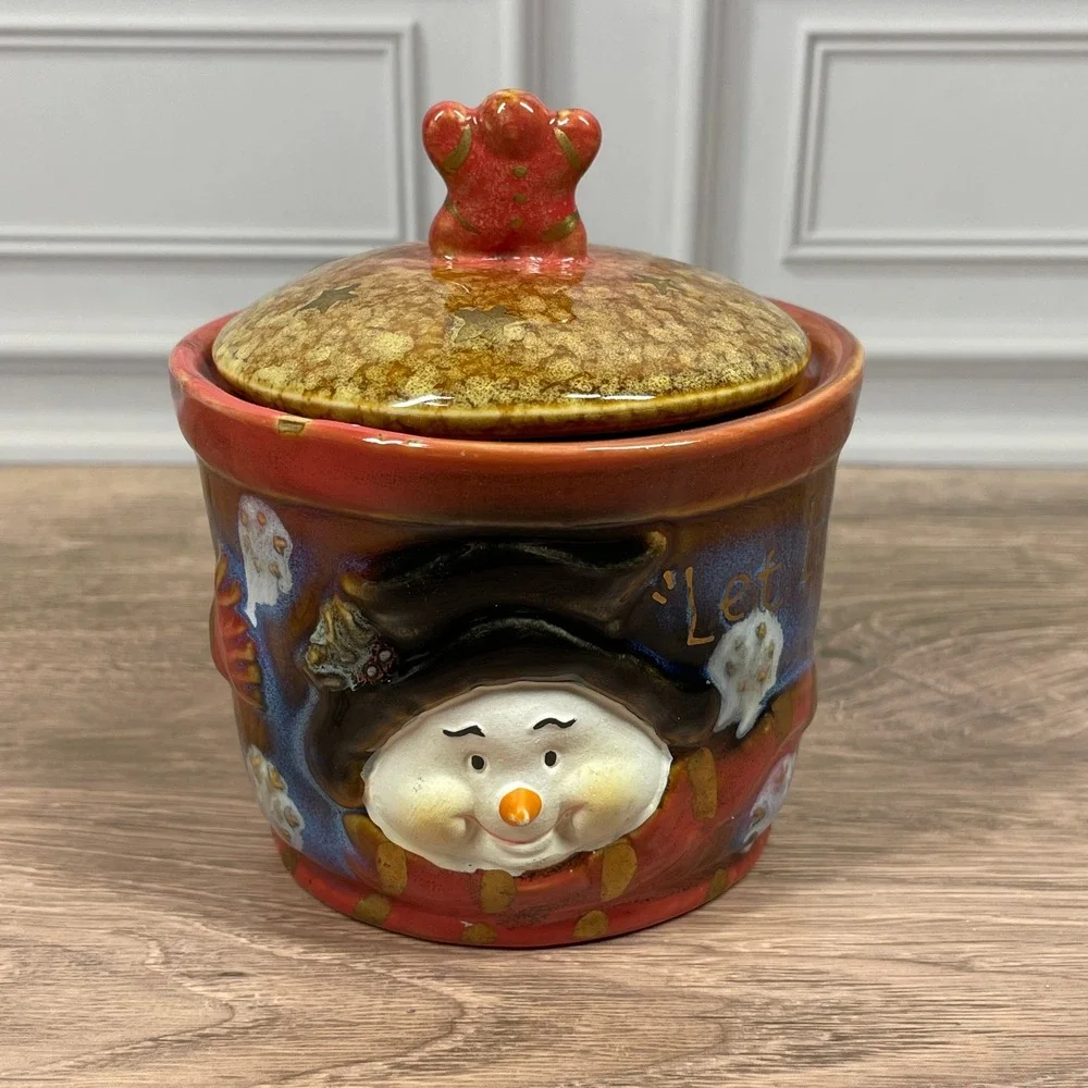 Handcrafted Snowman Ceramic Canister with Lid Let it Snow Christmas Decor